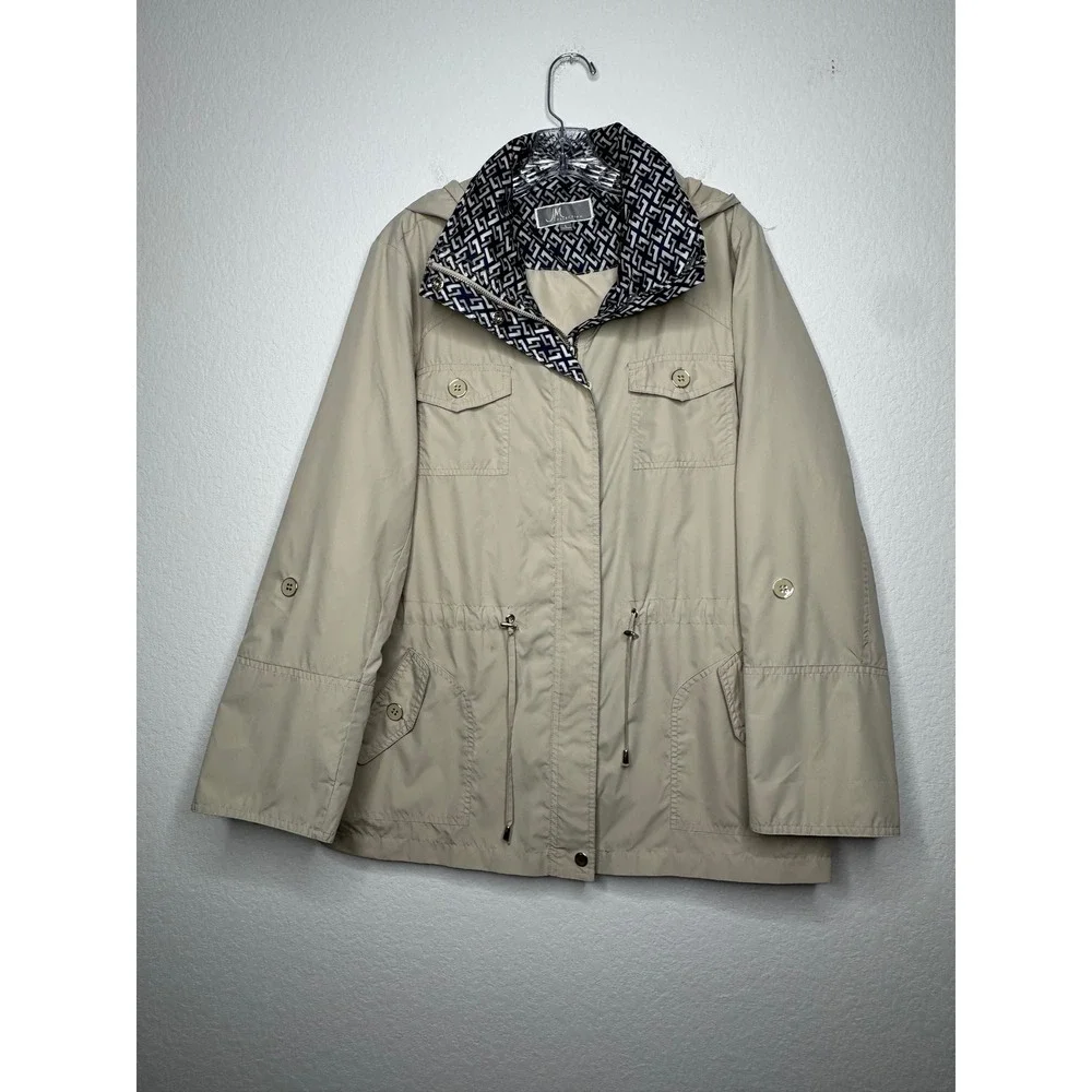 JM Collection Womens Tan Khaki Hooded Utility Rain Jacket Contrast Trim Size‎ L